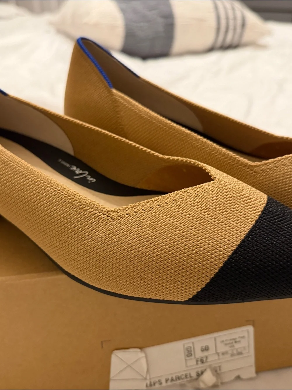 Rothy's Camel Knit Pointed Toe Flats with Black Cap